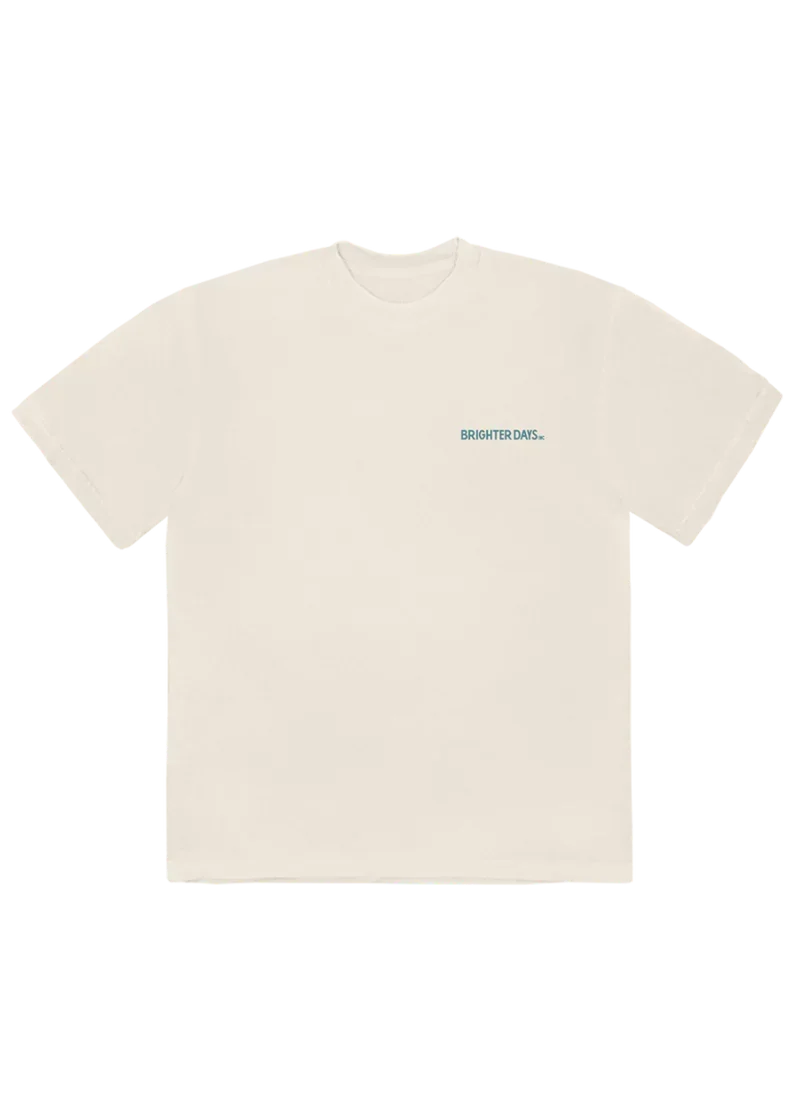 Cream Brighter Days Inc t-shirt with minimalist blue logo print front view