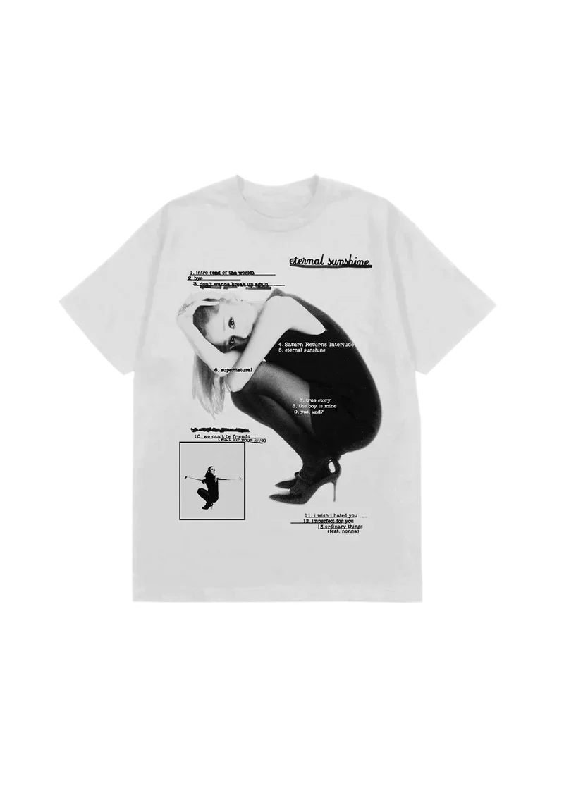 White Ariana Grande eternal sunshine tracklist T-shirt front view with monochrome album artwork and song list graphic