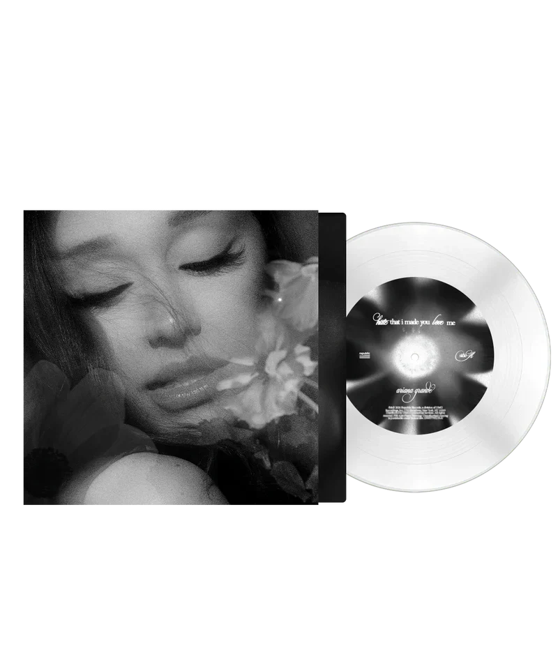 Ariana Grande hate that i made you love me dandelion white 7 inch vinyl with monochrome cover artwork and collector edition LP