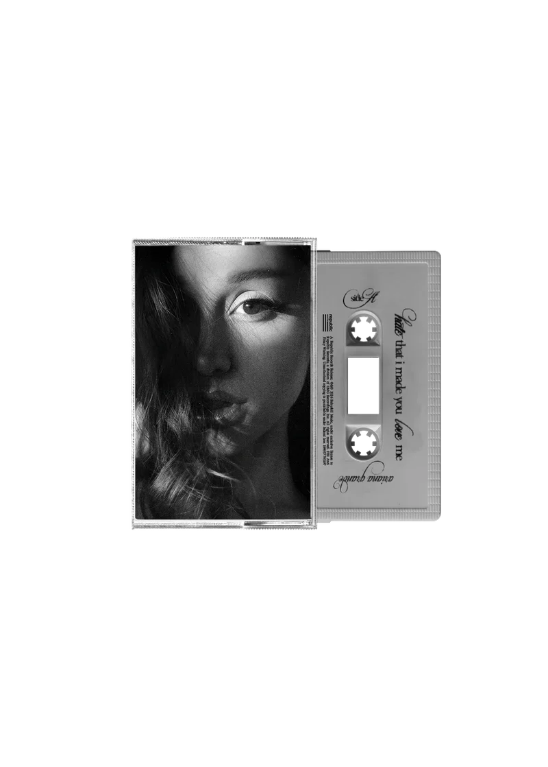 Ariana Grande hate that i made you love me fluffy tail gray cassette with black and white portrait cover artwork