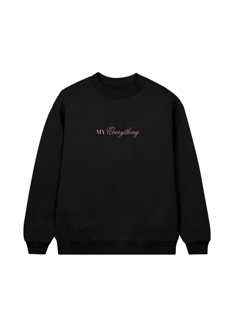 Black Ariana Grande My Everything 10th anniversary crewneck with soft pink puff print logo and minimalist design