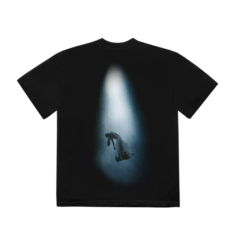 Black Ariana Grande Brighter Days Ascend t-shirt featuring dramatic spotlight performance artwork on back print