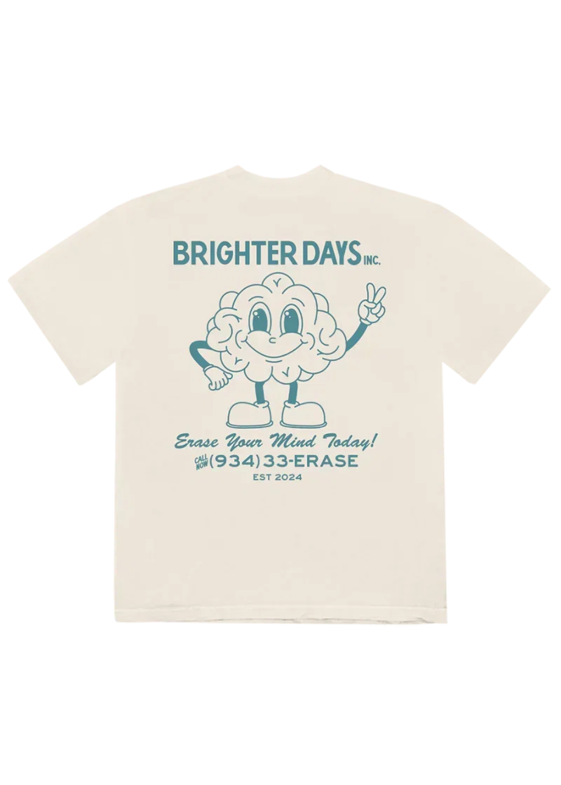 Cream Brighter Days Inc t-shirt with cartoon brain graphic and 934-33-ERASE retro print back view