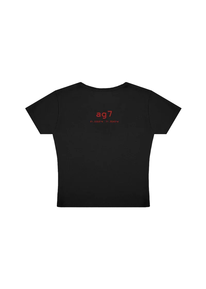 Black ag7 cropped t-shirt with red ag7 logo and coordinates graphic back view