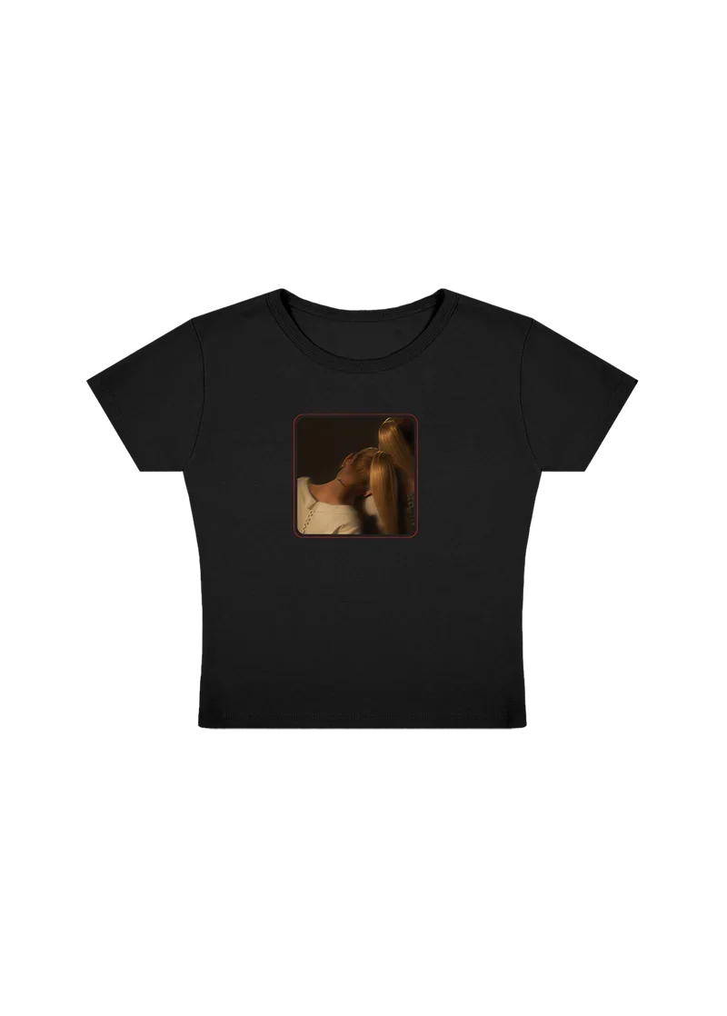 Black ag7 cropped t-shirt with warm-toned Ariana Grande photo graphic front view