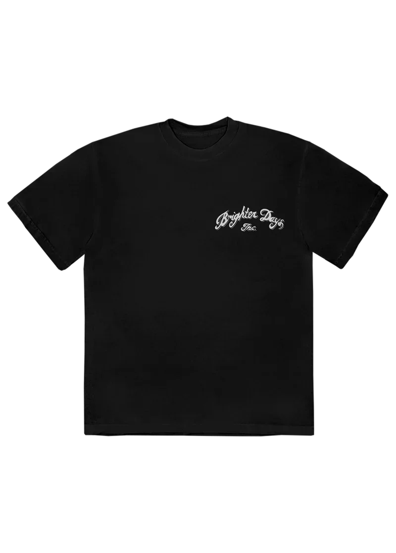 Black Ariana Grande Brighter Days t-shirt with minimalist white script logo and vintage-inspired eternal sunshine aesthetic