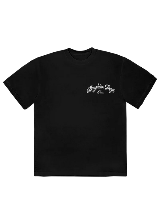 Black Ariana Grande Brighter Days t-shirt with minimalist white script logo and vintage-inspired eternal sunshine aesthetic