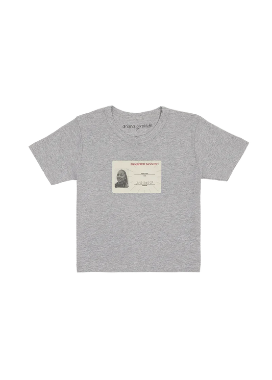 Ariana Grande Brighter Days cropped grey t-shirt featuring vintage ID badge graphic and baby tee silhouette front view