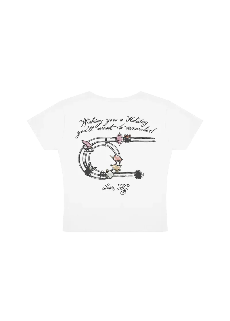 Back view of Ariana Grande holiday baby tee with festive brighter days artwork and handwritten graphic design