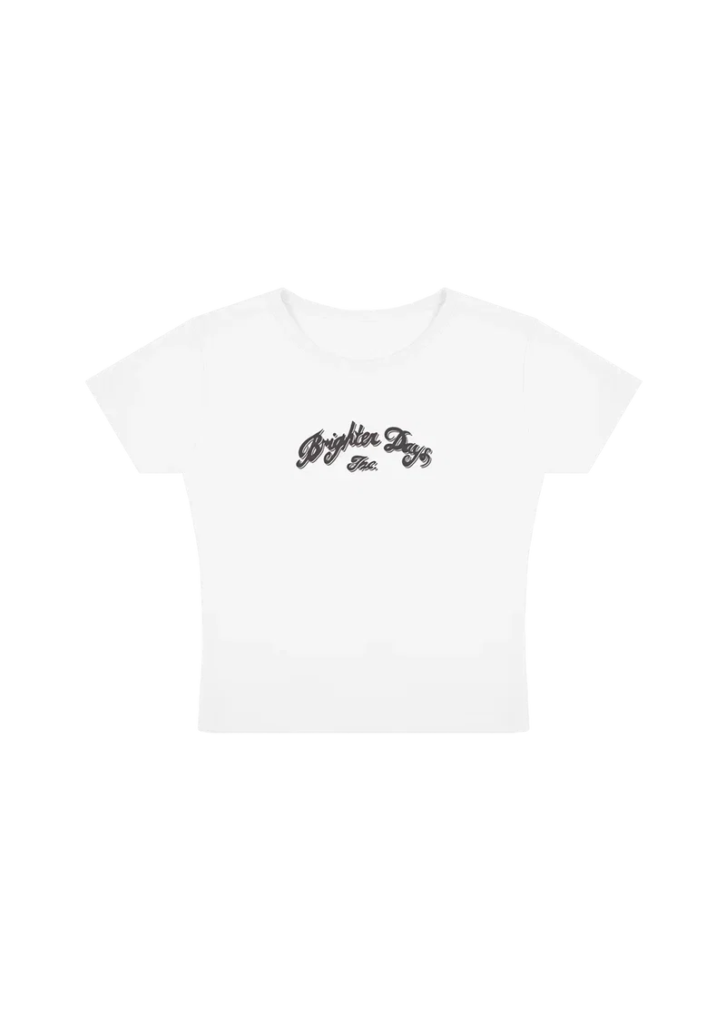 White Ariana Grande Brighter Days holiday baby T-shirt front view with minimalist soft glam logo graphic