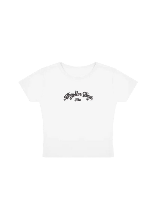 White Ariana Grande Brighter Days holiday baby T-shirt front view with minimalist soft glam logo graphic