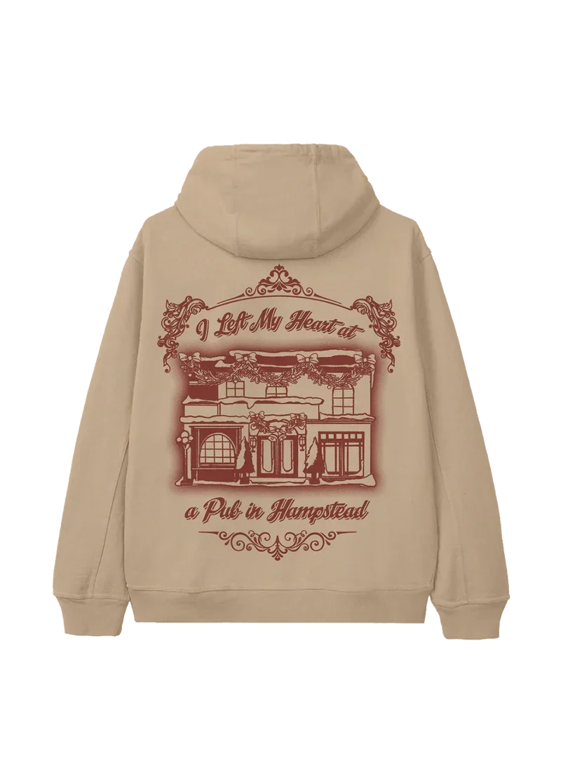 Sand Ariana Grande Brighter Days holiday hoodie back view with vintage Hampstead pub illustration graphic
