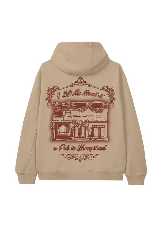 Sand Ariana Grande Brighter Days holiday hoodie back view with vintage Hampstead pub illustration graphic