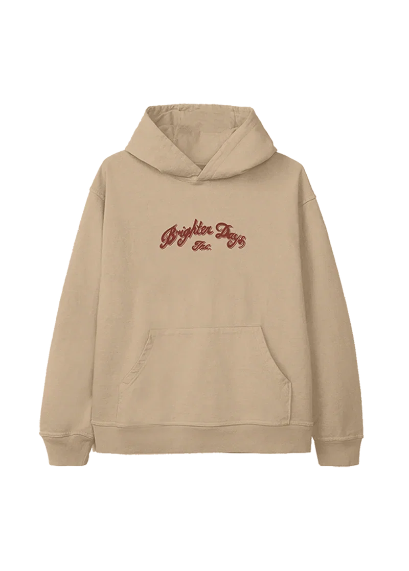 Sand Ariana Grande Brighter Days holiday hoodie front view with minimalist festive logo embroidery