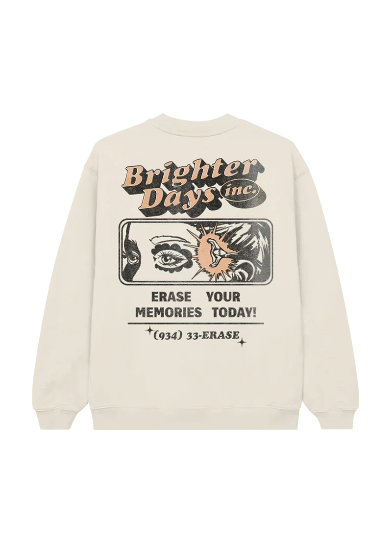Ariana Grande Brighter Days Memories cream crewneck featuring retro erase your memories graphic back print