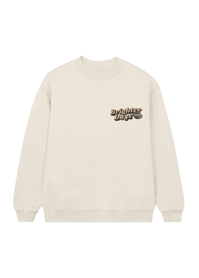 Ariana Grande Brighter Days Memories cream crewneck sweatshirt with minimalist chest logo graphic front view