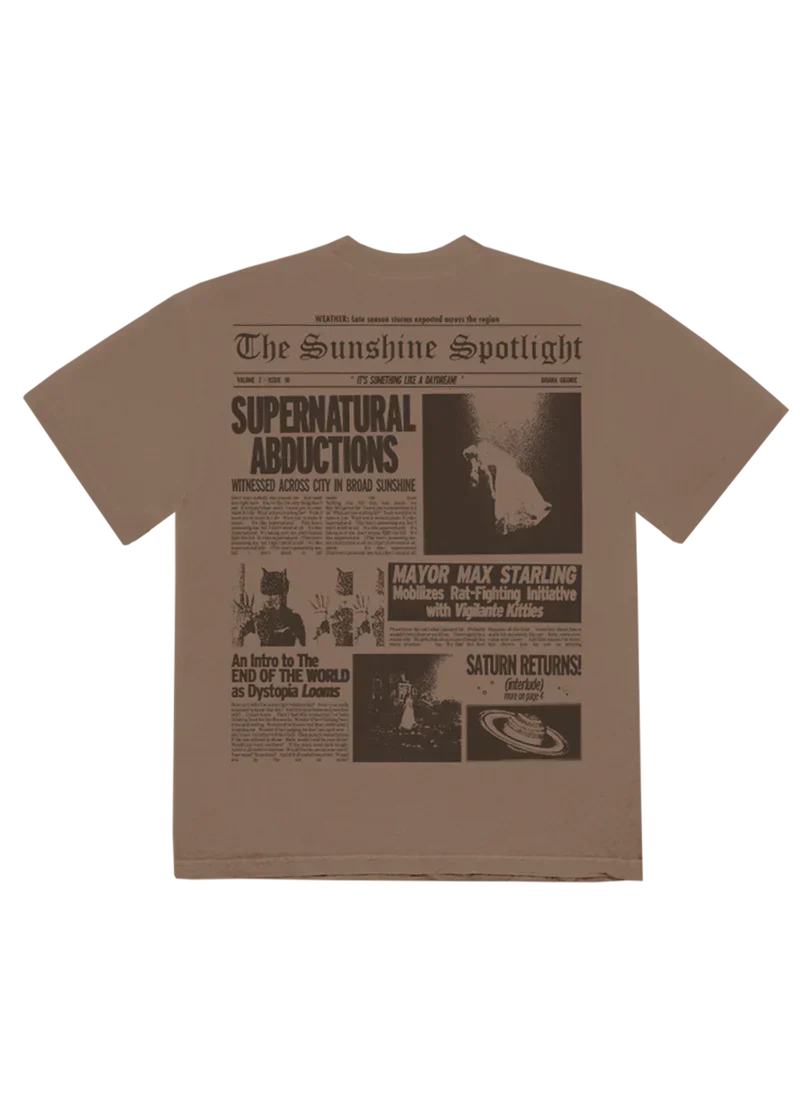 Back view of Ariana Grande Brighter Days T-shirt with vintage newspaper collage inspired by eternal sunshine era