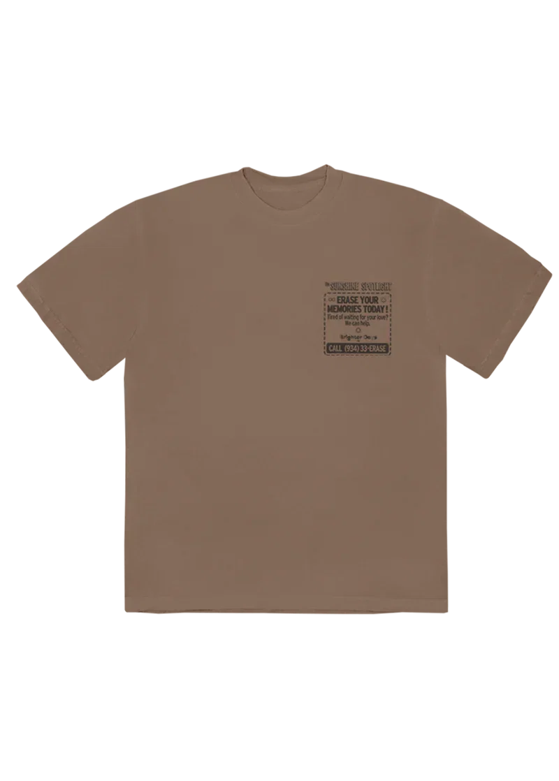 Beige Ariana Grande Brighter Days newspaper T-shirt front view with minimalist Sunshine Society chest graphic