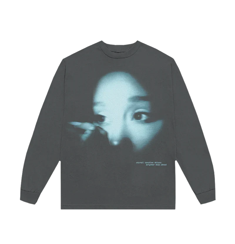 Dark gray Ariana Grande Brighter Days Spotlight long sleeve t-shirt with blurred portrait graphic and eternal sunshine deluxe text