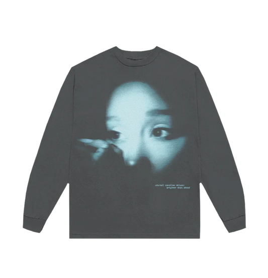 Dark gray Ariana Grande Brighter Days Spotlight long sleeve t-shirt with blurred portrait graphic and eternal sunshine deluxe text