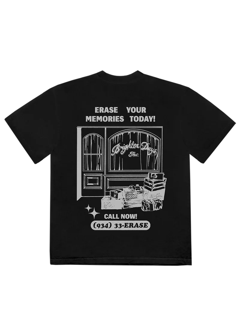 Back view of Ariana Grande Brighter Days black t-shirt featuring retro storefront graphic and erase your memories artwork