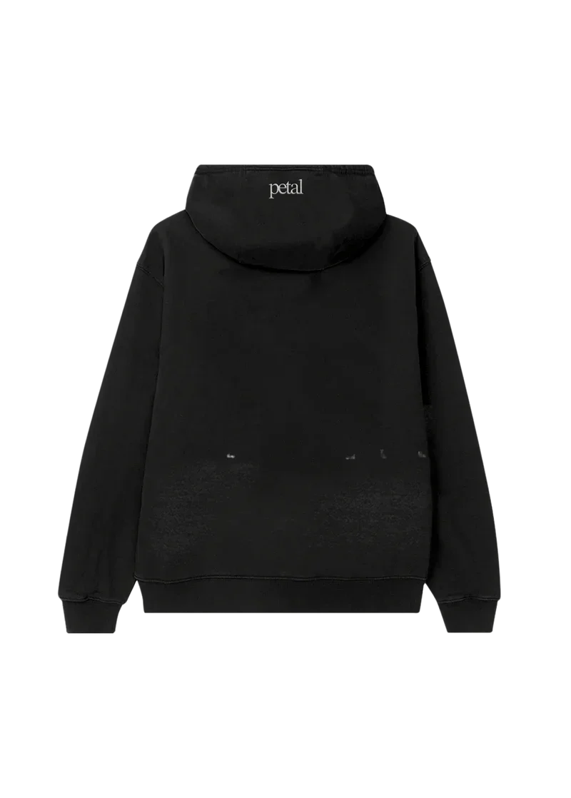 Ariana Grande Bunnies black hoodie with minimalist Petal logo on hood and faded graphic back view