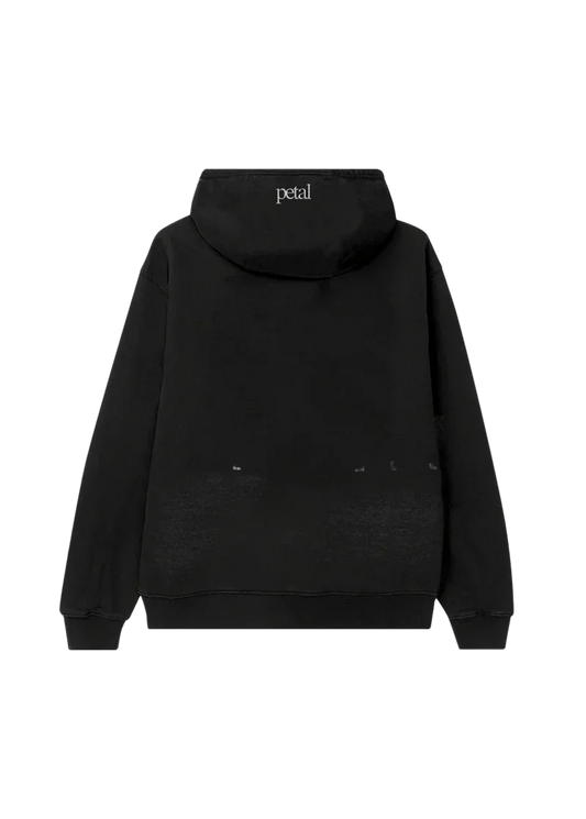 Ariana Grande Bunnies black hoodie with minimalist Petal logo on hood and faded graphic back view