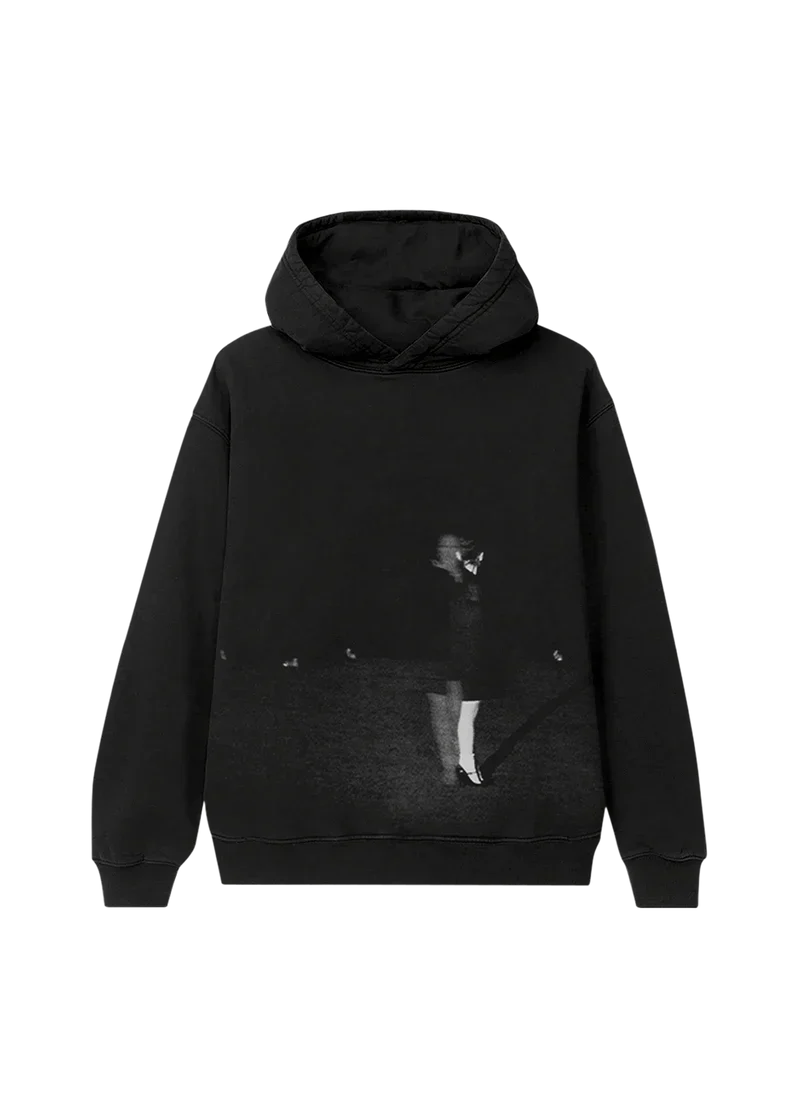 Ariana Grande Bunnies black hoodie featuring moody monochrome portrait artwork and oversized streetwear fit front