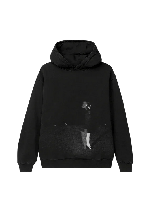 Ariana Grande Bunnies black hoodie featuring moody monochrome portrait artwork and oversized streetwear fit front