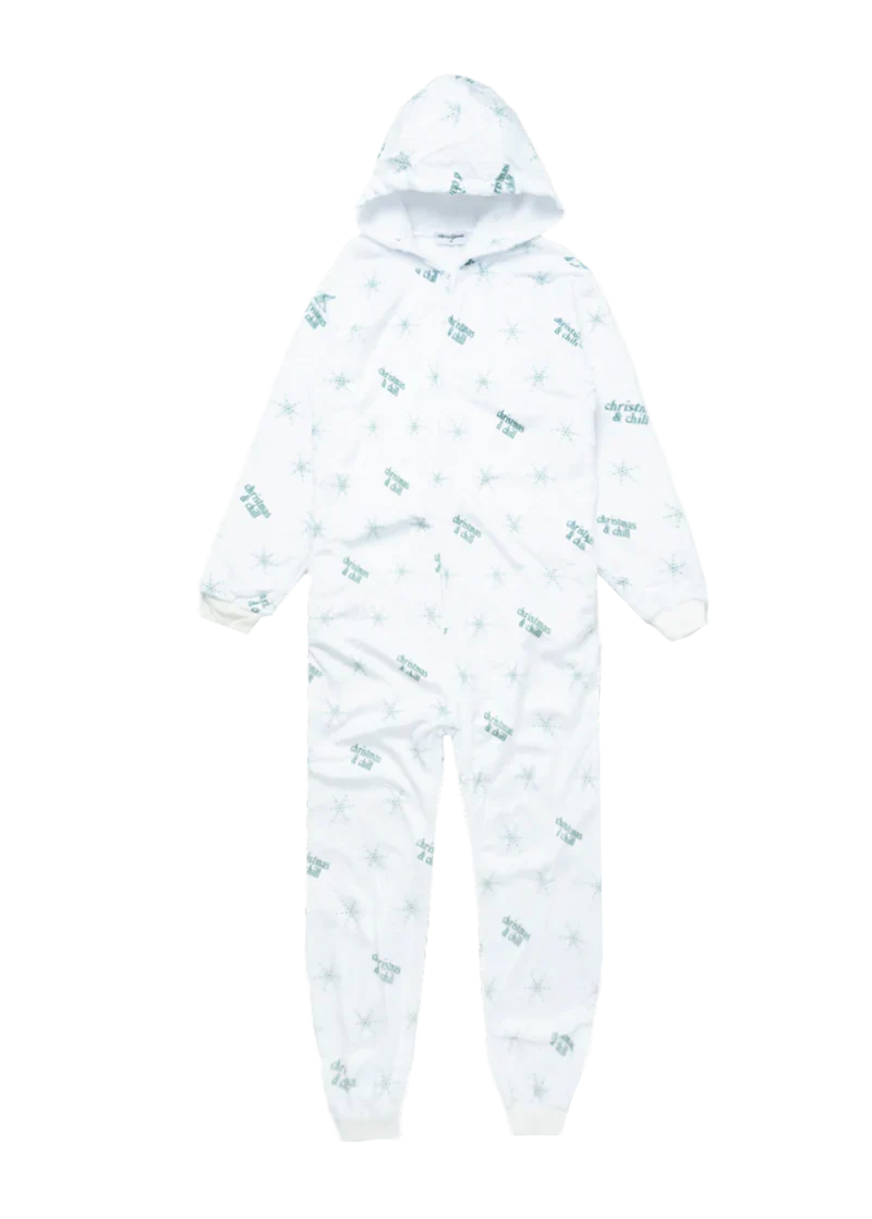 White Ariana Grande Christmas and Chill fleece onesie with teal snowflake graphics and cozy holiday design