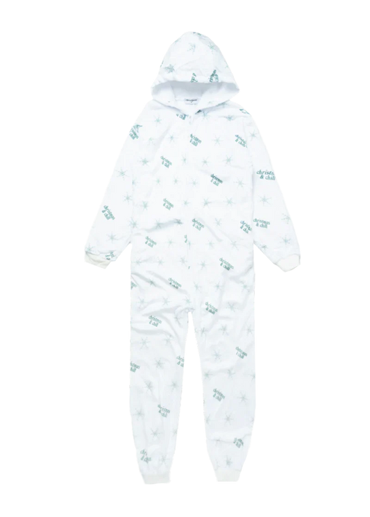White Ariana Grande Christmas and Chill fleece onesie with teal snowflake graphics and cozy holiday design