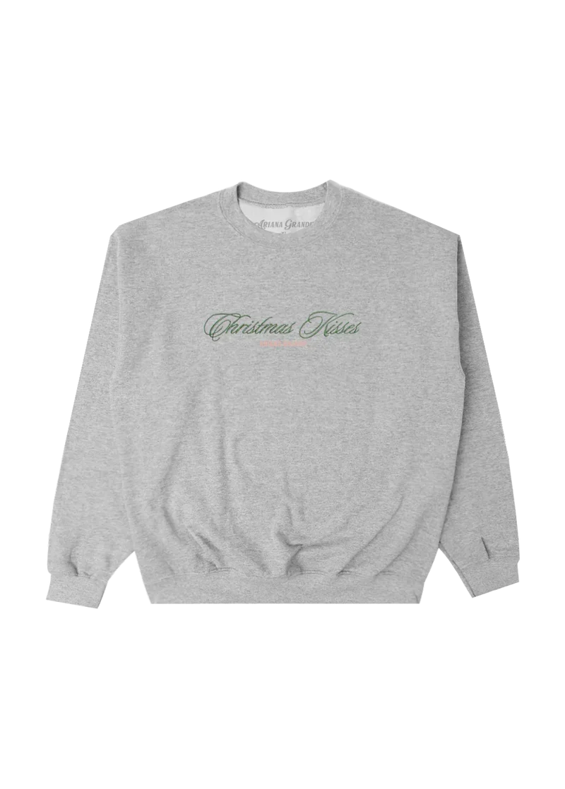 Ariana Grande Christmas Kisses grey crewneck sweatshirt with festive embroidered script logo front view