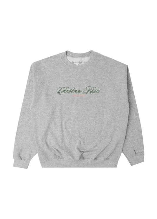 Ariana Grande Christmas Kisses grey crewneck sweatshirt with festive embroidered script logo front view