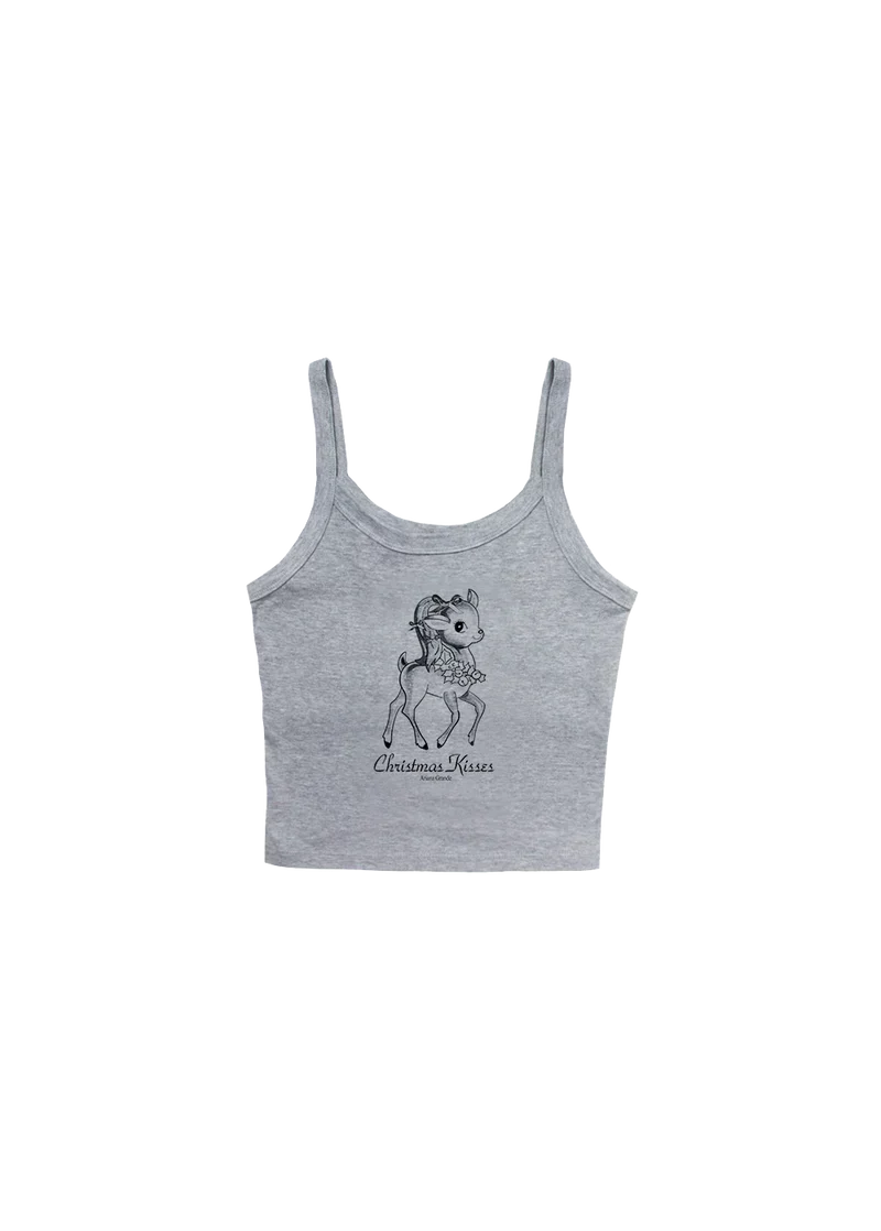 Grey Ariana Grande Christmas Kisses cropped tank top with vintage deer graphic and soft holiday-inspired design