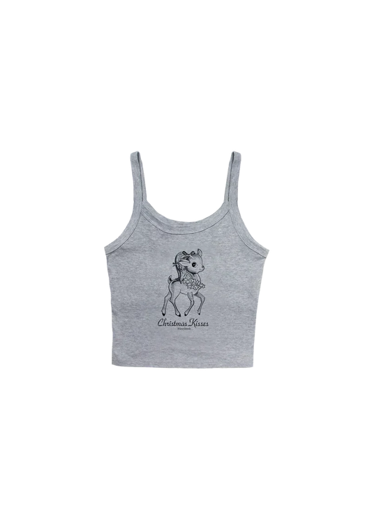 Grey Ariana Grande Christmas Kisses cropped tank top with vintage deer graphic and soft holiday-inspired design