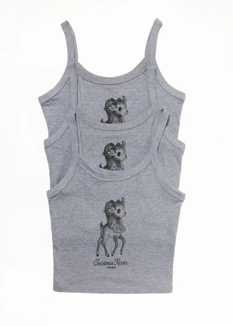 Stacked Ariana Grande Christmas Kisses cropped tank tops in grey with vintage deer graphic and festive aesthetic