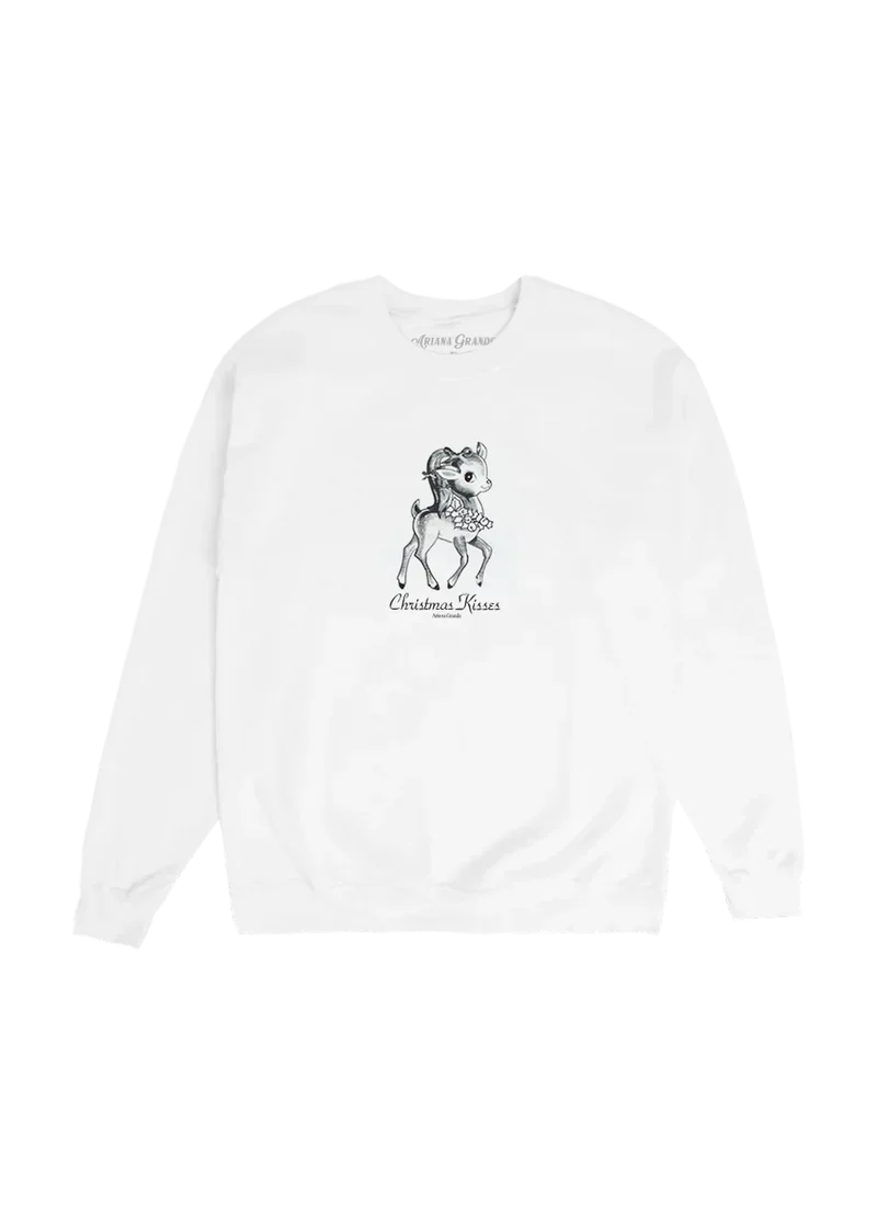 Ariana Grande Christmas Kisses white crewneck sweatshirt with vintage reindeer holiday graphic front view