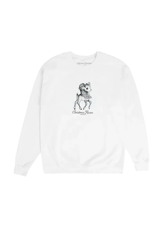 Ariana Grande Christmas Kisses white crewneck sweatshirt with vintage reindeer holiday graphic front view