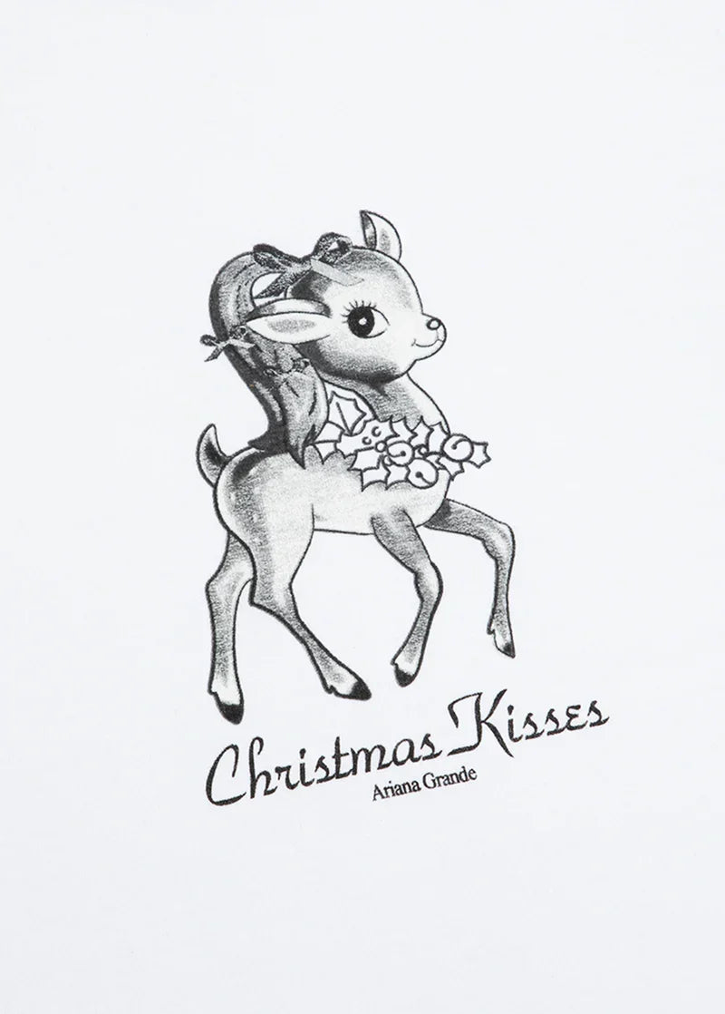 Ariana Grande Christmas Kisses crewneck close-up featuring retro reindeer illustration and festive logo detail