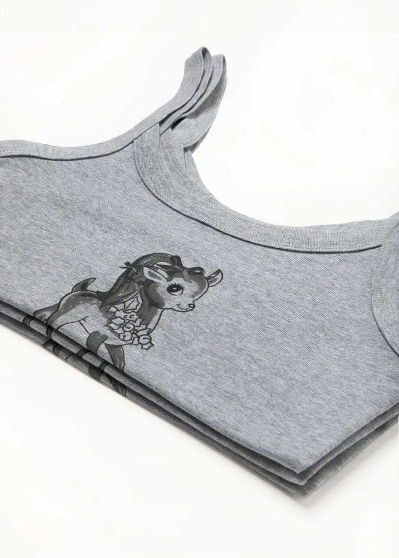 Close-up detail of Ariana Grande Christmas Kisses grey cropped tank featuring retro deer holiday artwork