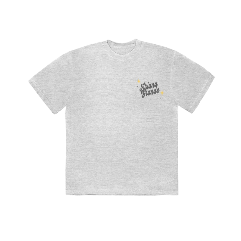 Back view of Ariana Grande Dandelion grey t-shirt with minimalist logo graphic and soft vintage aesthetic