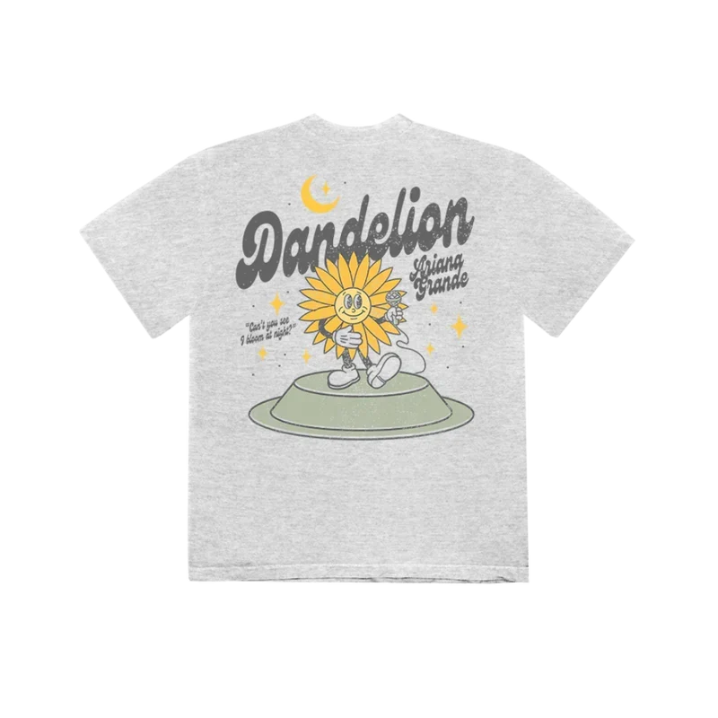 Grey Ariana Grande Dandelion t-shirt with retro sunflower character graphic and dreamy vintage-inspired artwork