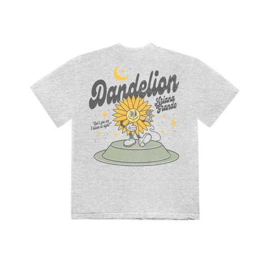 Grey Ariana Grande Dandelion t-shirt with retro sunflower character graphic and dreamy vintage-inspired artwork