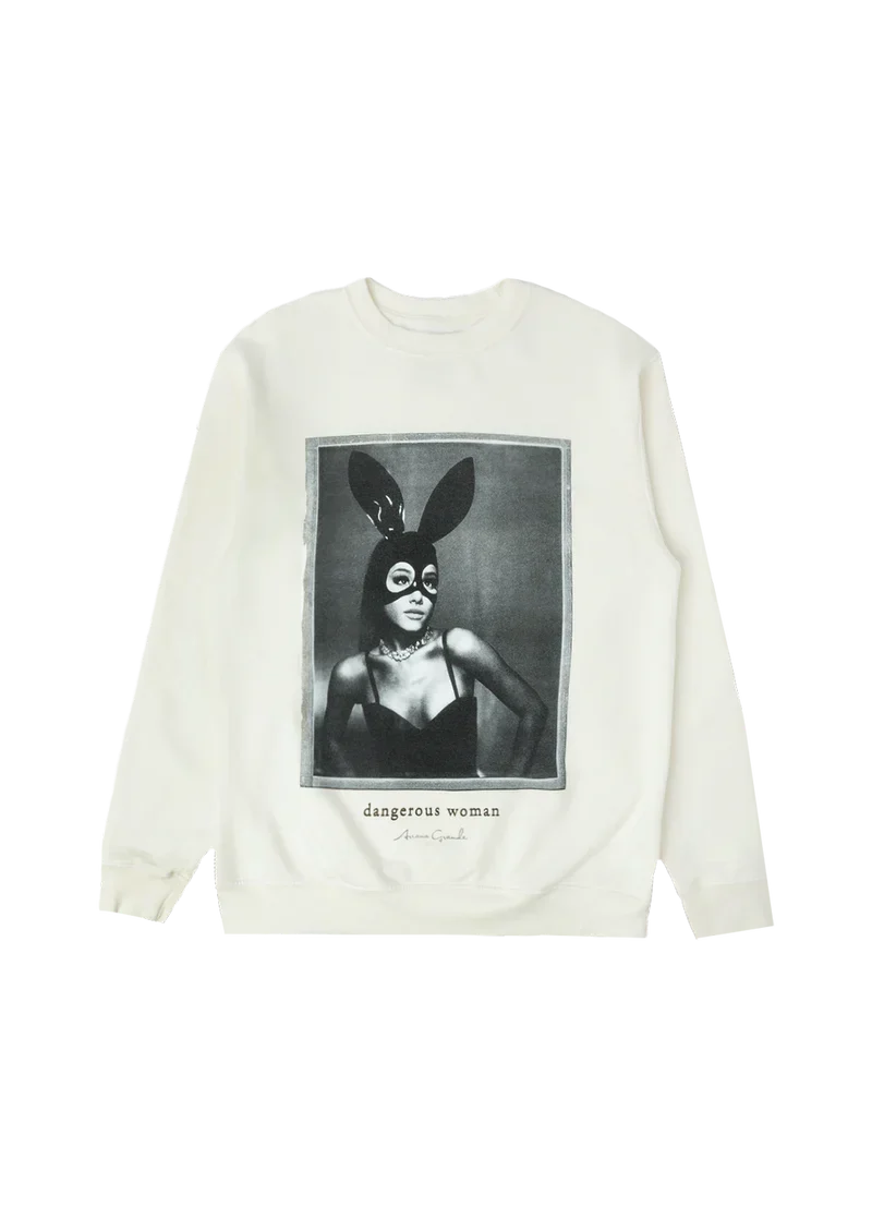 Cream Ariana Grande Dangerous Woman crewneck front view with iconic black and white album cover graphic