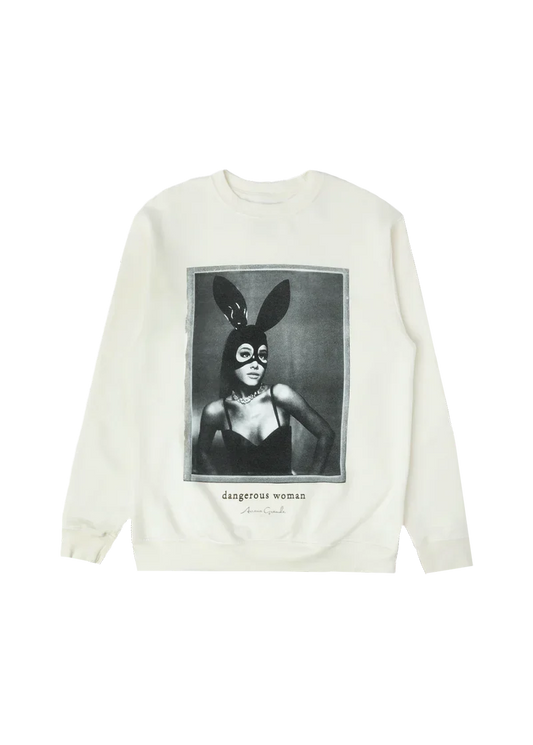 Cream Ariana Grande Dangerous Woman crewneck front view with iconic black and white album cover graphic