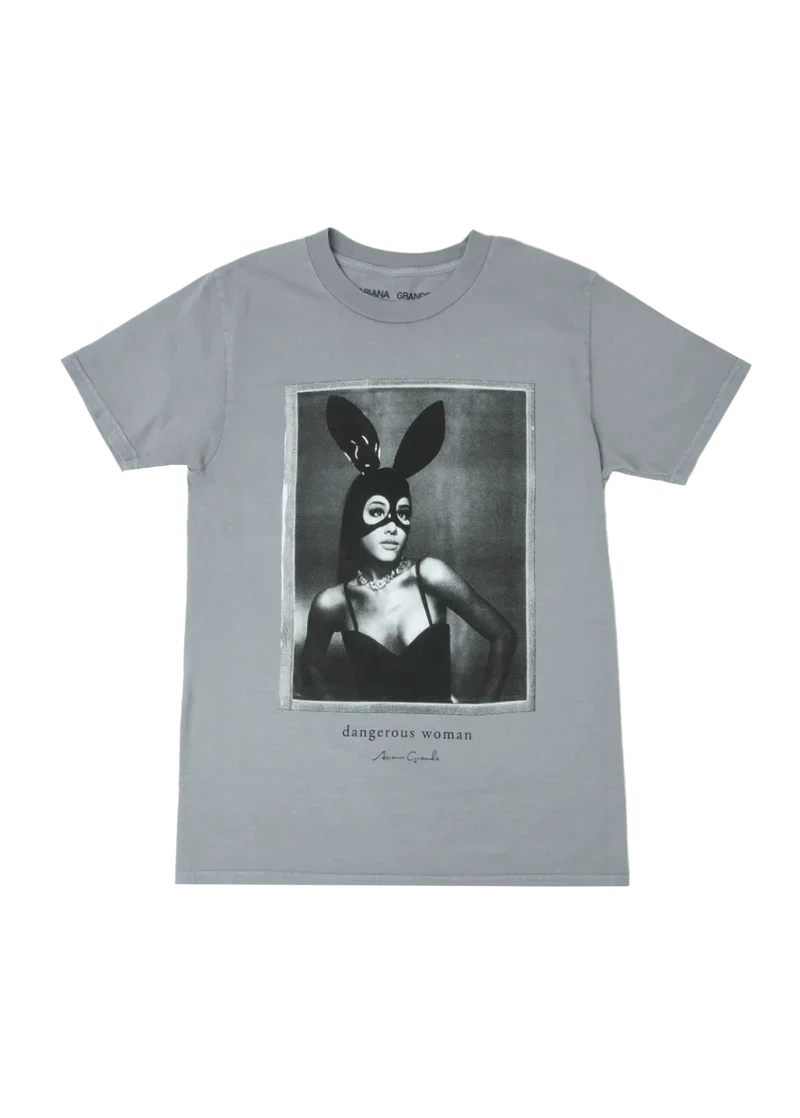 Gray Ariana Grande Dangerous Woman T-shirt featuring iconic black and white bunny mask portrait graphic with relaxed vintage fit