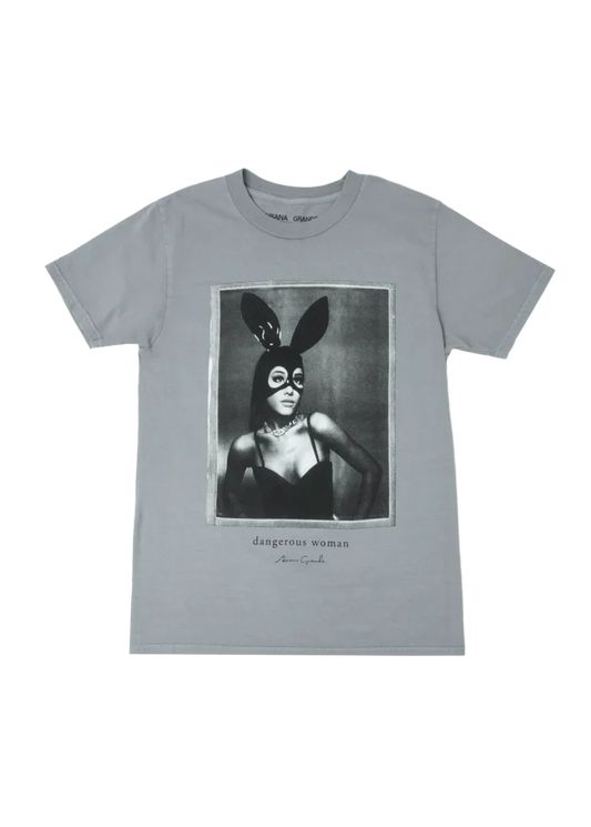 Gray Ariana Grande Dangerous Woman T-shirt featuring iconic black and white bunny mask portrait graphic with relaxed vintage fit