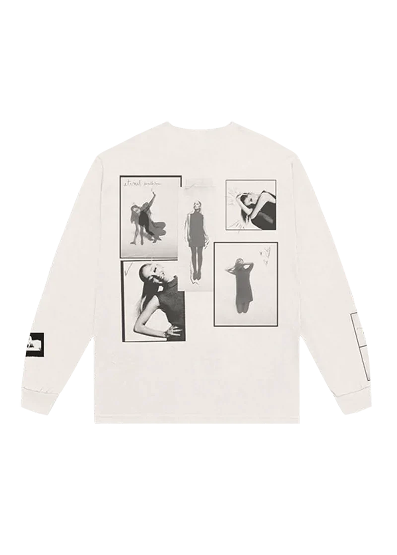 Back view of Ariana Grande eternal sunshine longsleeve featuring monochrome photo collage artwork and sleeve details