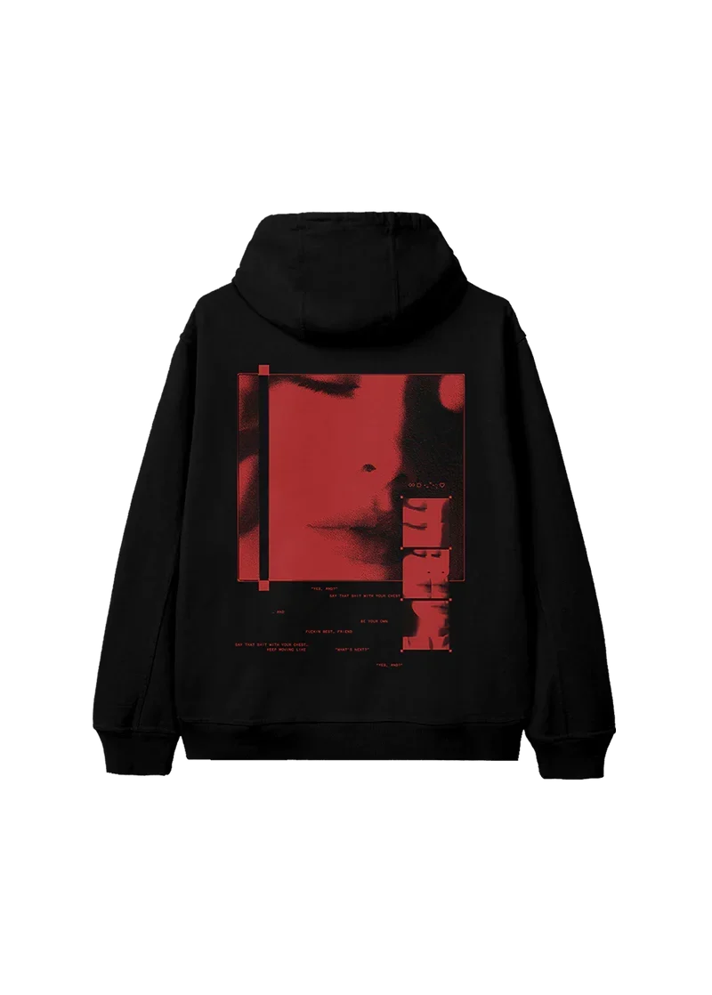 Back view of Ariana Grande eternal sunshine black hoodie featuring oversized red monochrome portrait artwork