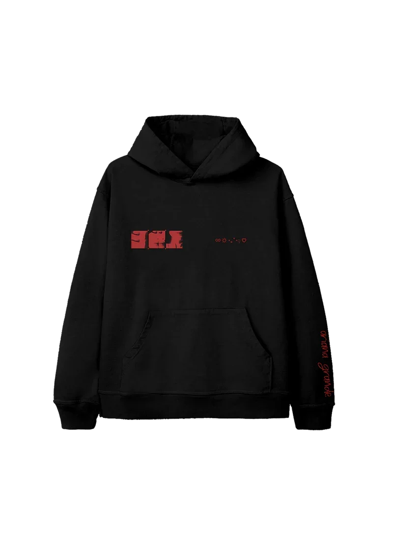 Black Ariana Grande eternal sunshine hoodie with red minimalist photo grid graphic and celestial symbols front view